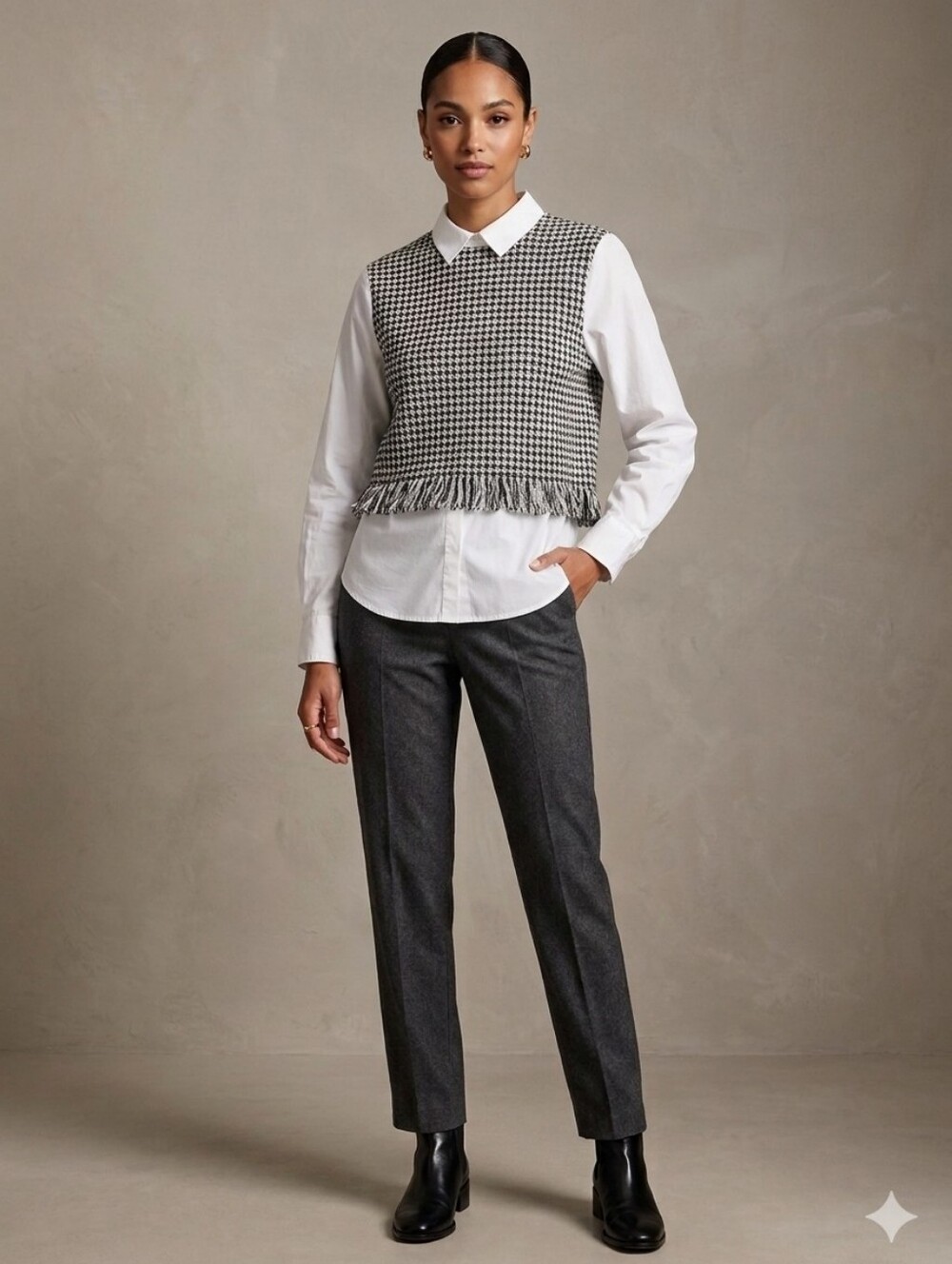 ZARA BLACK & WHITE HOUNDSTOOTH FRINGE LAYERED BLOUSE XL